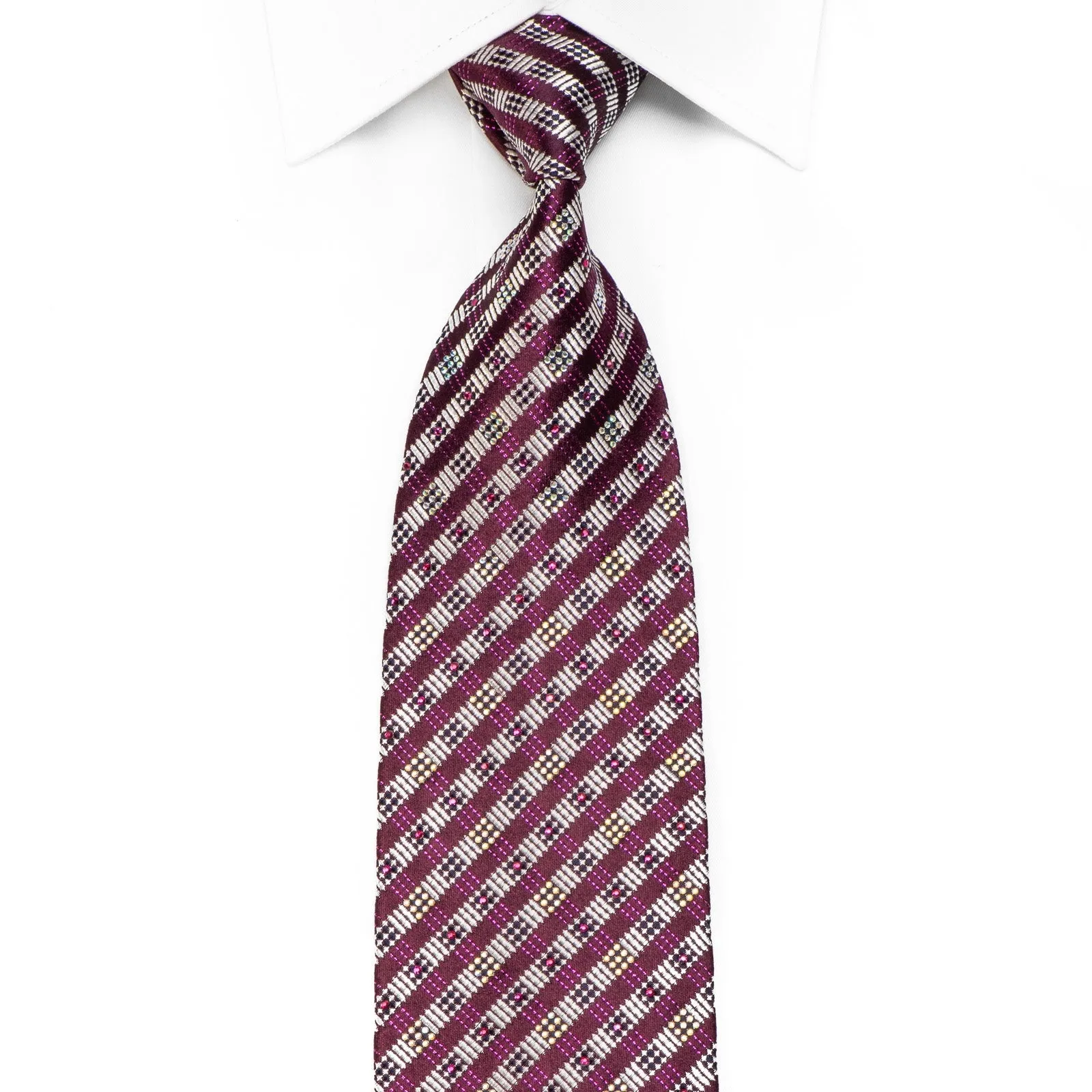 Daks Men's Crystal Silk Necktie Purple Silver Striped With Purple Sparkles