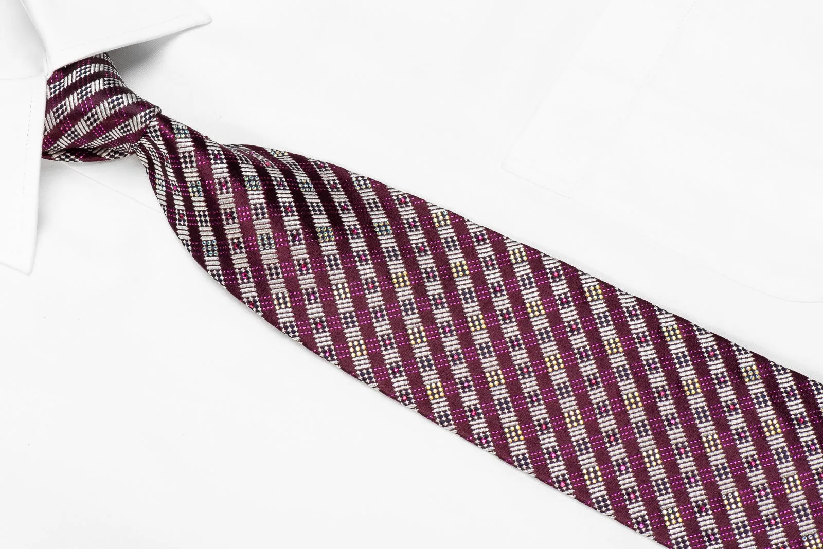 Daks Men's Crystal Silk Necktie Purple Silver Striped With Purple Sparkles