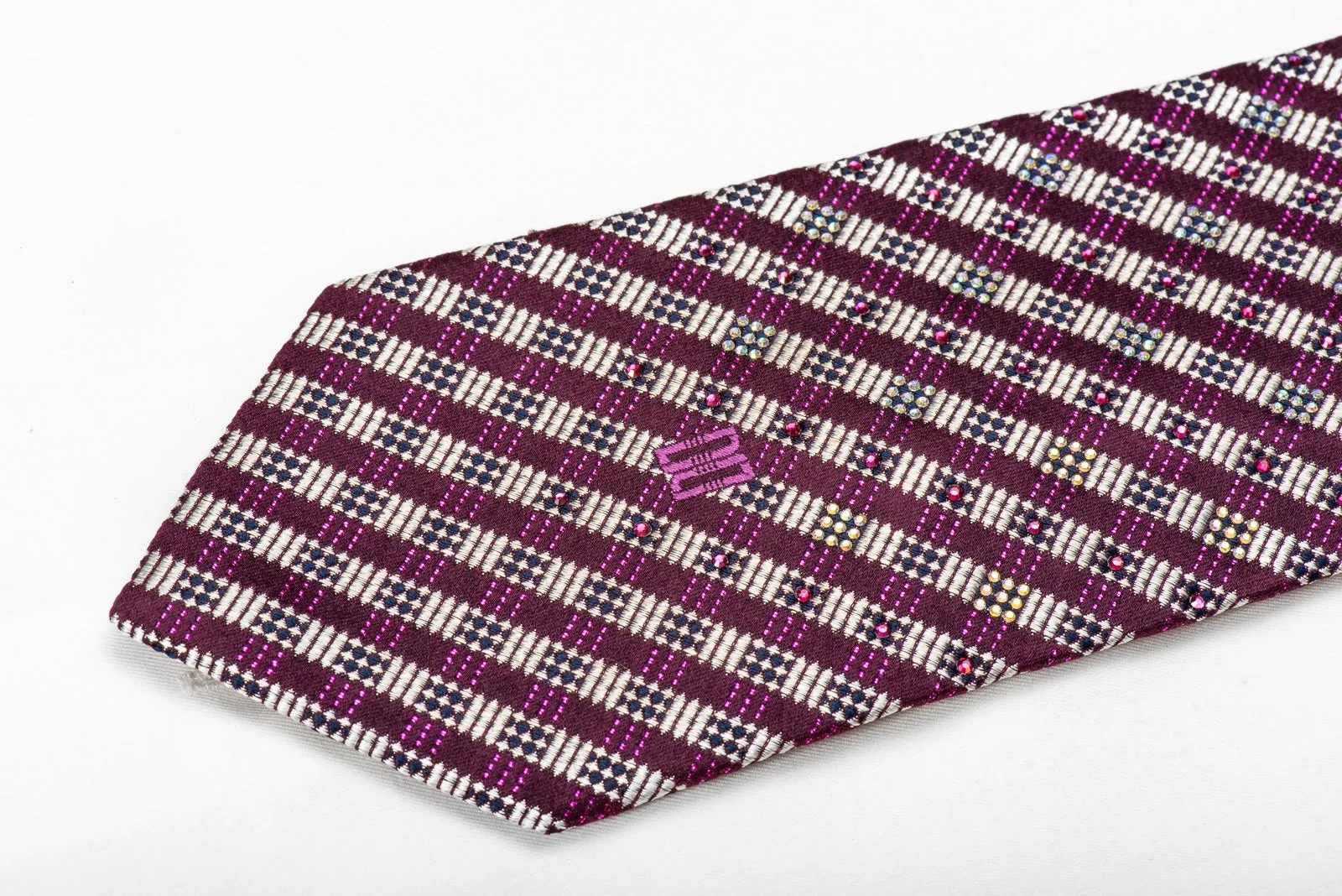 Daks Men's Crystal Silk Necktie Purple Silver Striped With Purple Sparkles