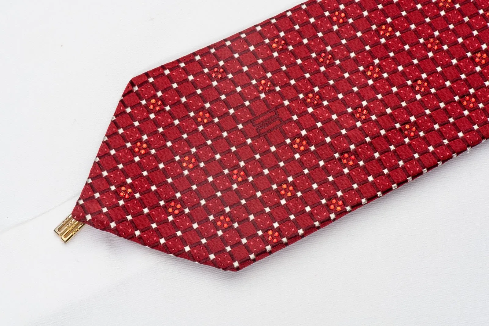 Daks Men's Rhinestone Silk Necktie Trellis On Burgundy Red With Red Sparkles