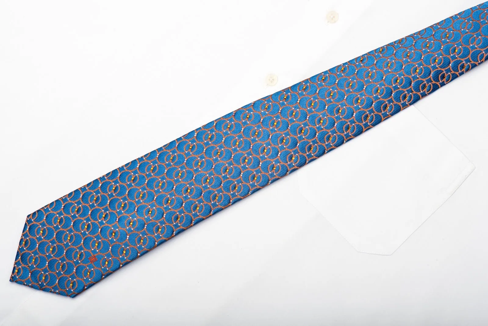 Daks Men's Silk Necktie Orange Interlocking Circles On Blue Sparkling With Rhinestones