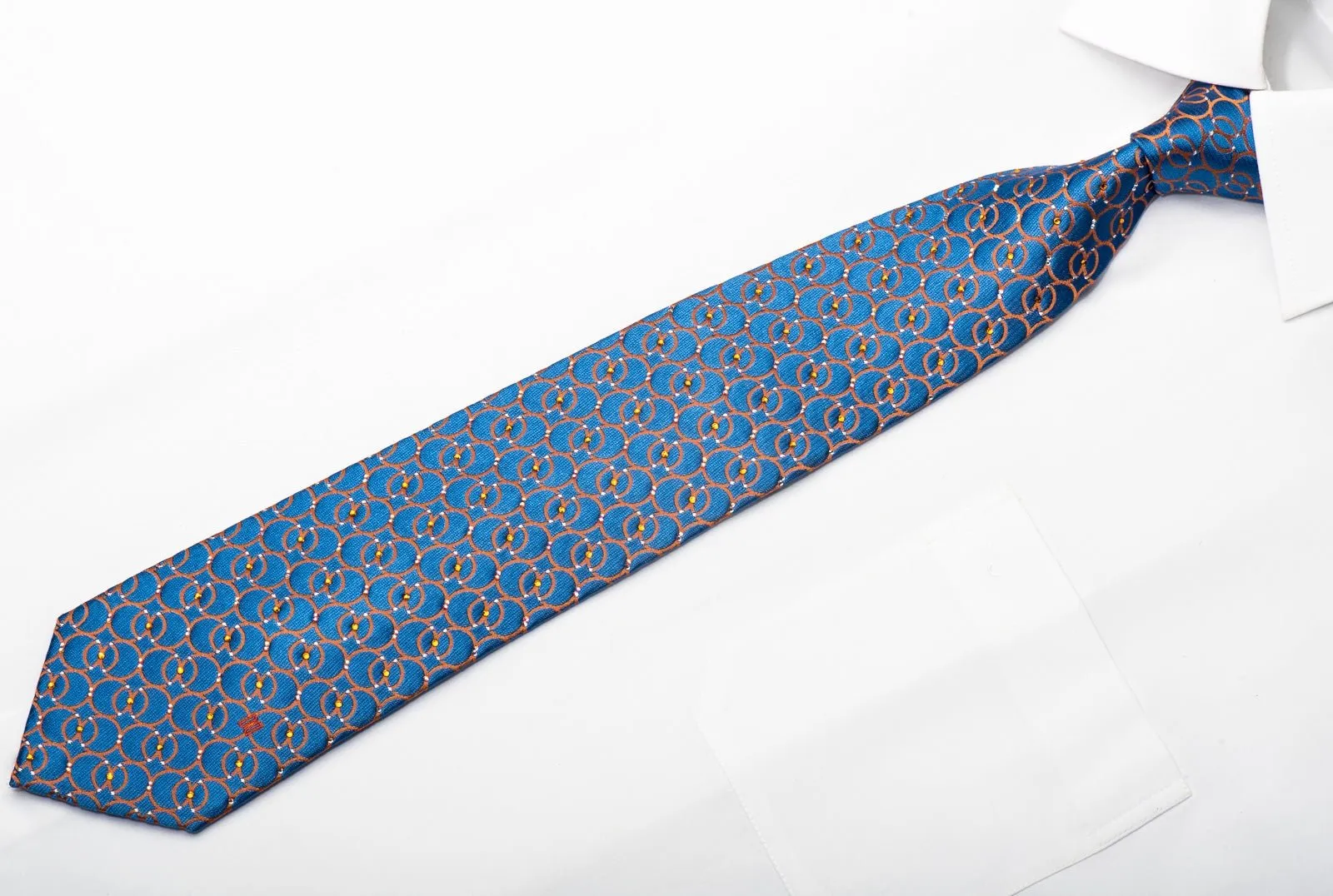 Daks Men's Silk Necktie Orange Interlocking Circles On Blue Sparkling With Rhinestones