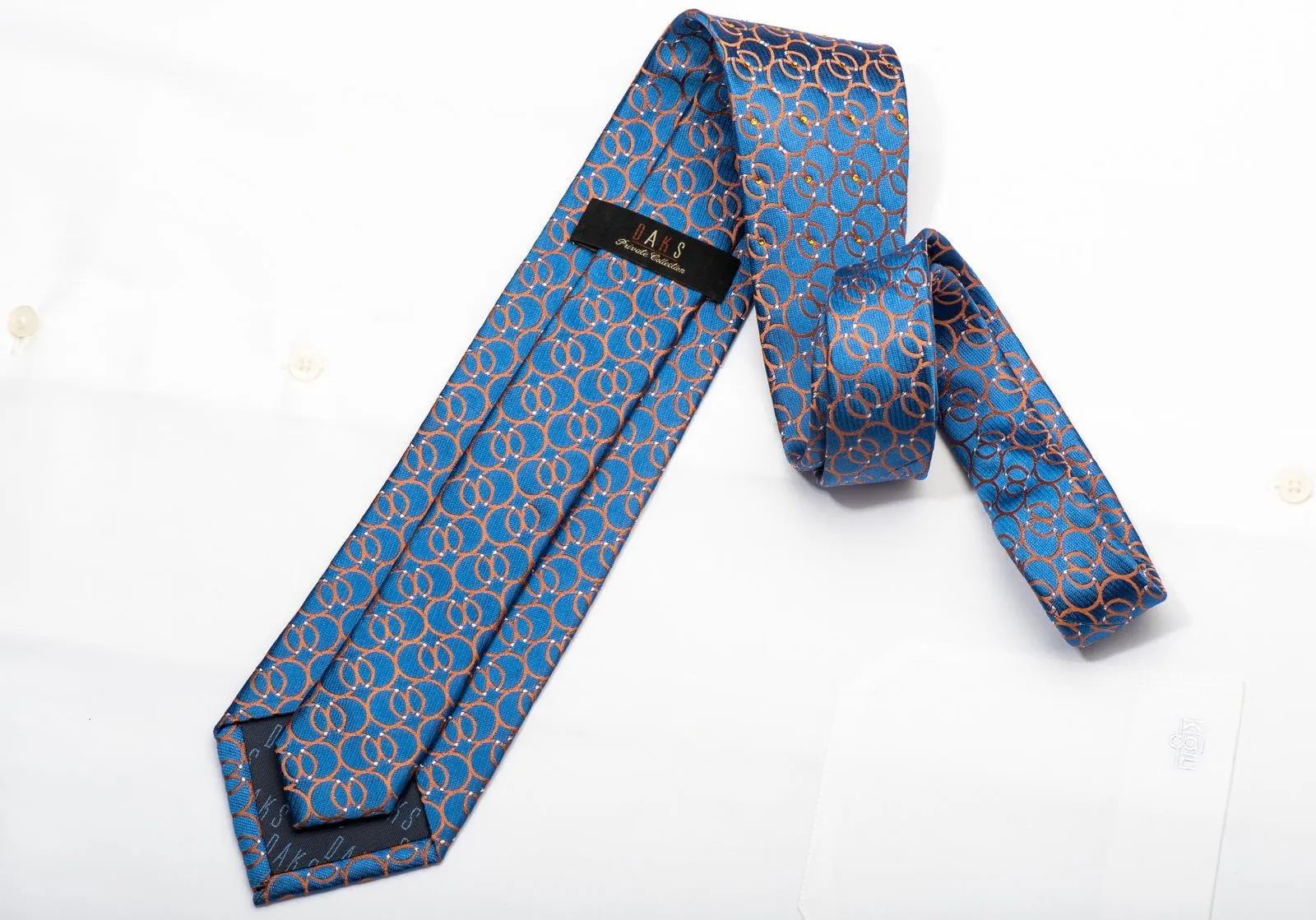 Daks Men's Silk Necktie Orange Interlocking Circles On Blue Sparkling With Rhinestones