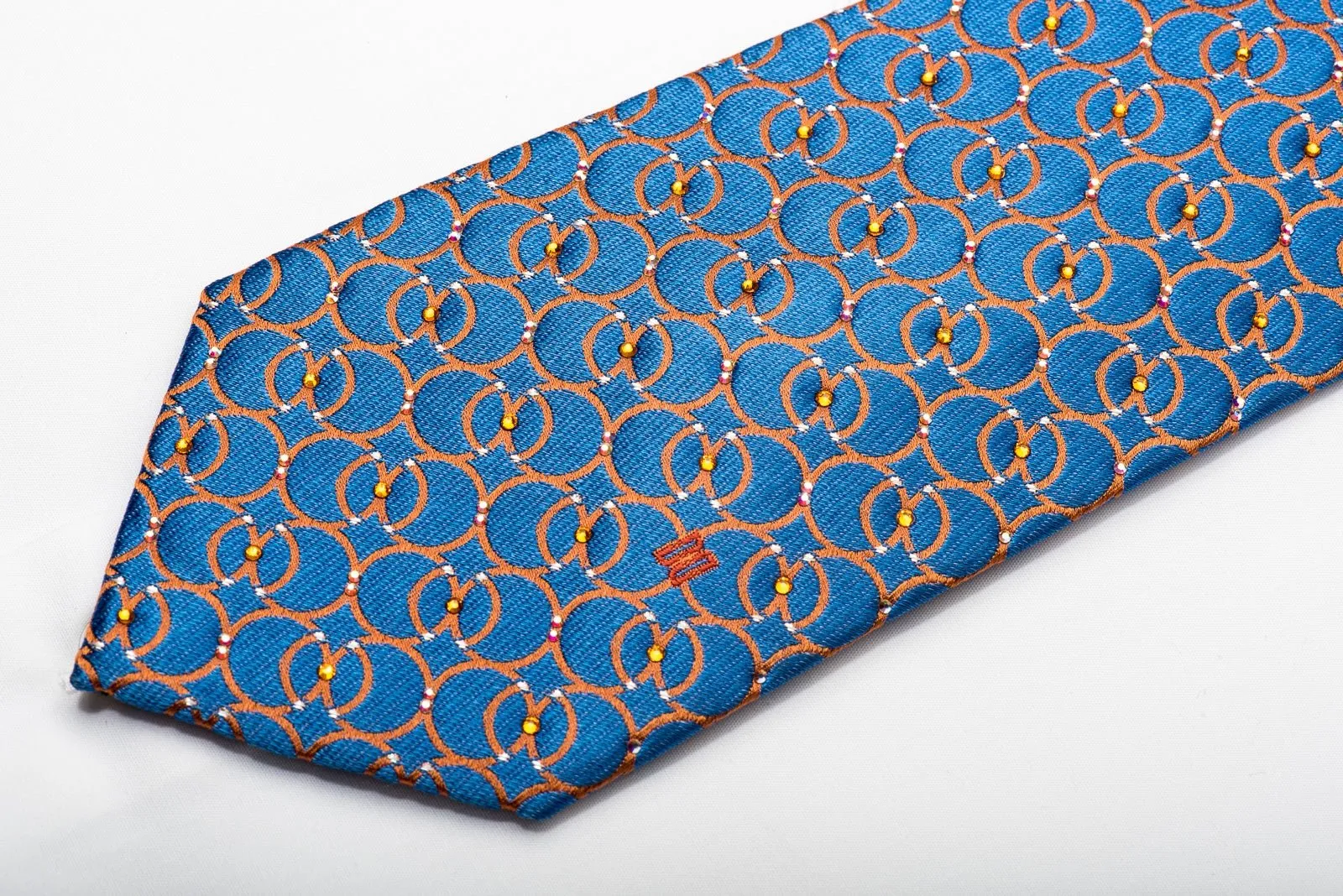 Daks Men's Silk Necktie Orange Interlocking Circles On Blue Sparkling With Rhinestones