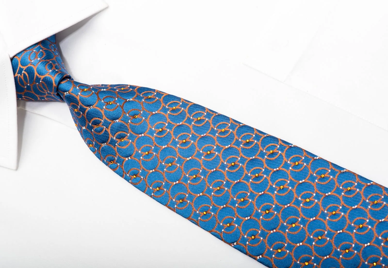 Daks Men's Silk Necktie Orange Interlocking Circles On Blue Sparkling With Rhinestones