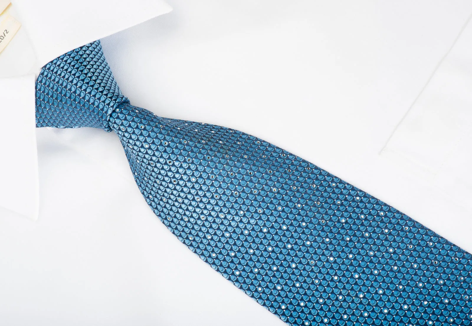 Daks Rhinestone Silk Necktie Dots On Blue With Silver Sparkles