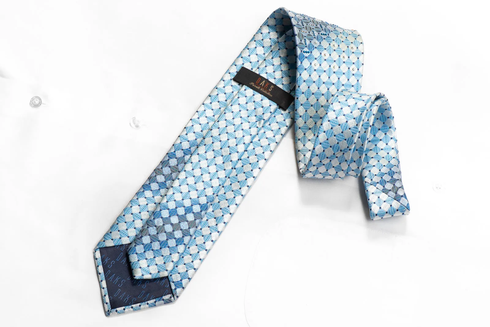 Daks Rhinestone Silk Tie Light Blue Silver Checkered With Metallic Blue Sparkles