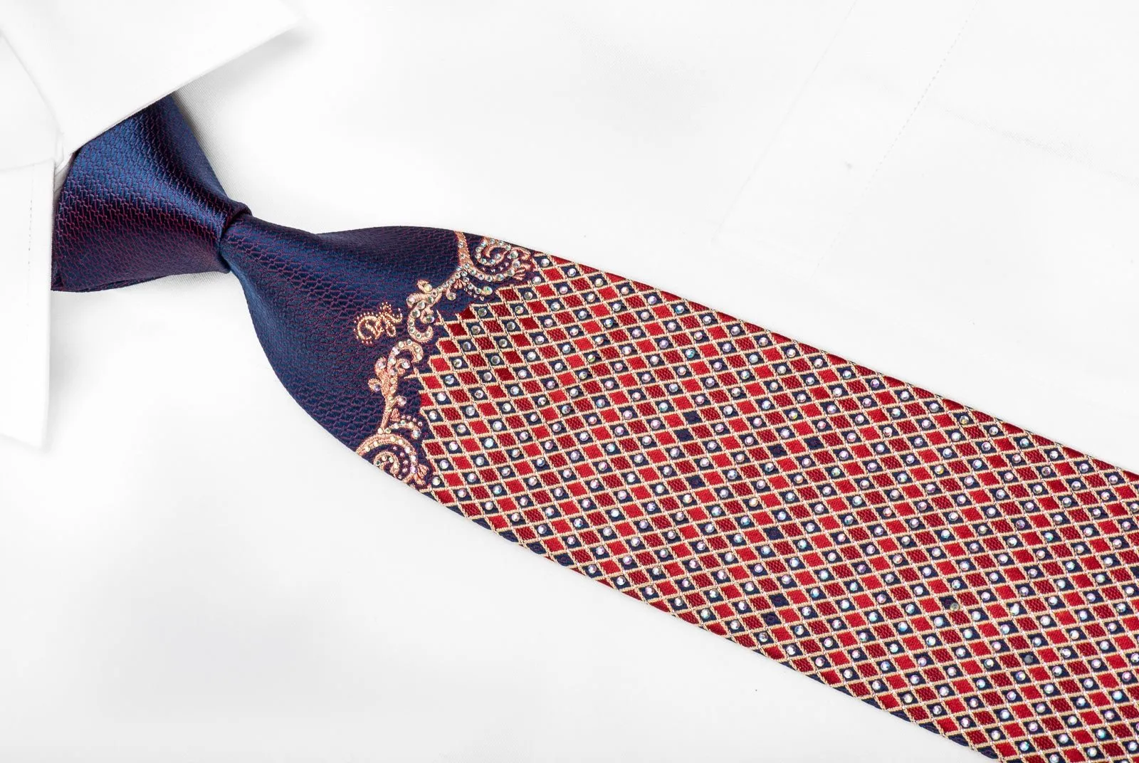 Daniel Hechter Men's Crystal Silk Tie Red Gold Harlequin Checker On Dark Blue With Gold Sparkles