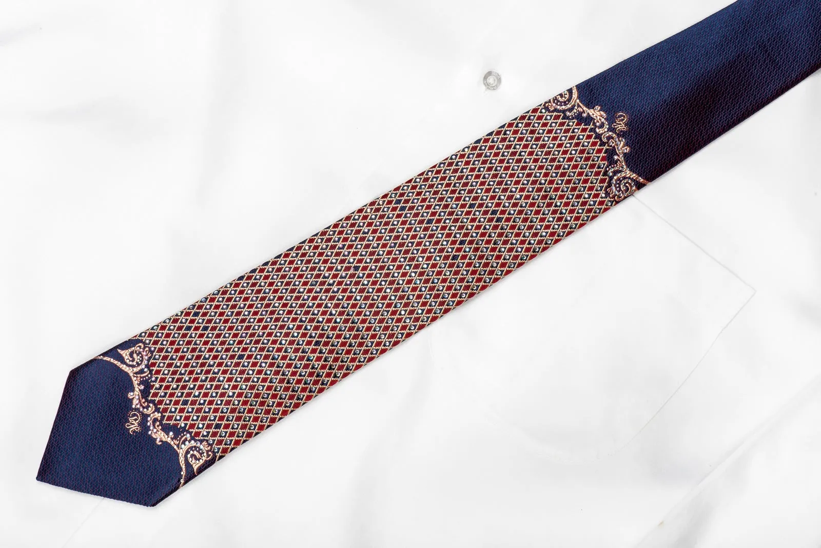 Daniel Hechter Men's Crystal Silk Tie Red Gold Harlequin Checker On Dark Blue With Gold Sparkles