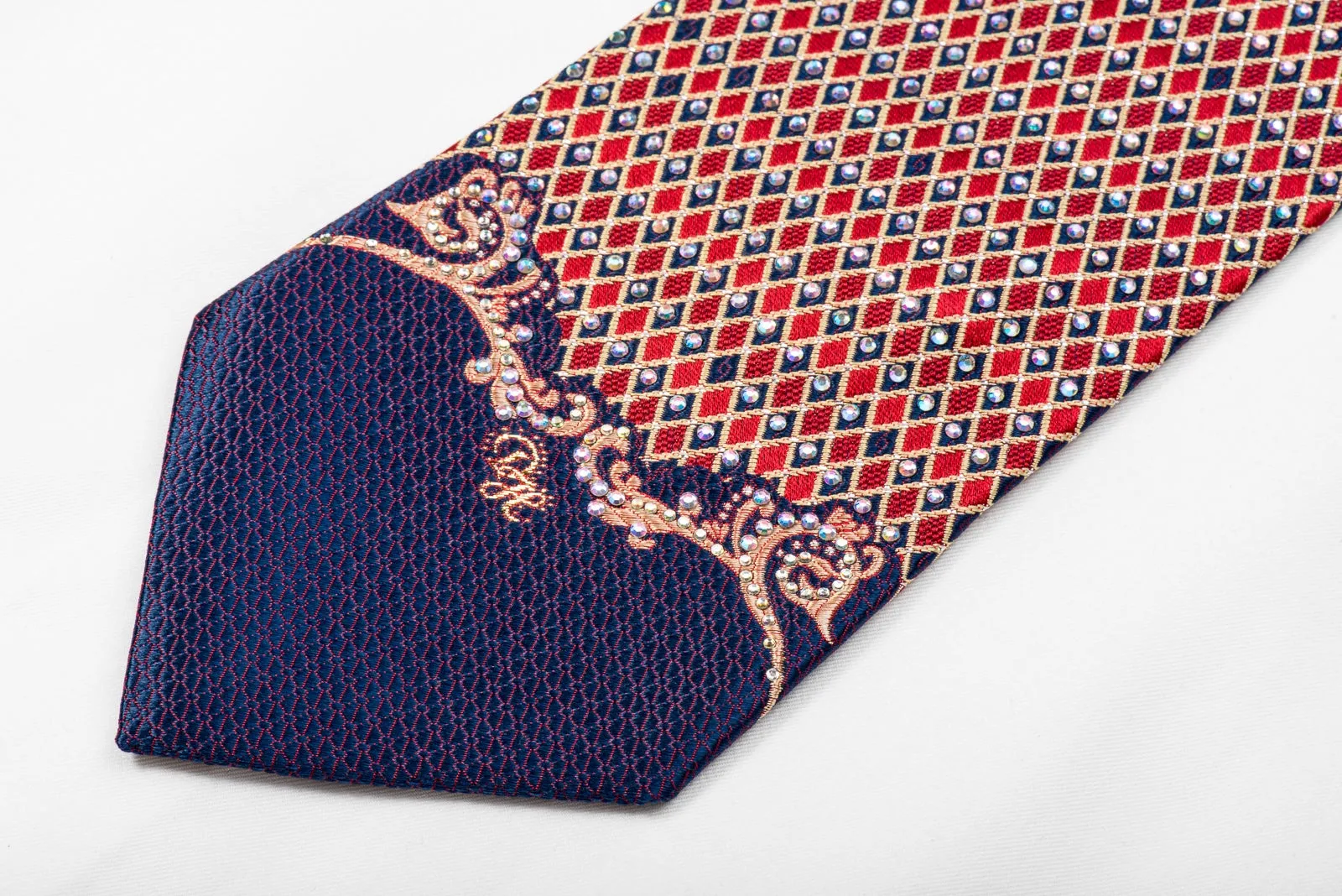 Daniel Hechter Men's Crystal Silk Tie Red Gold Harlequin Checker On Dark Blue With Gold Sparkles