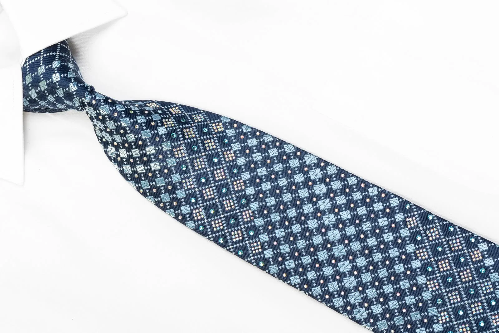 Daniel Hechter Men's Rhinestone Silk Necktie Geometric Checkered On Blue With Sparkles