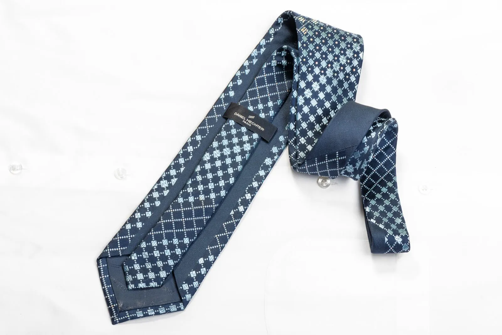 Daniel Hechter Men's Rhinestone Silk Necktie Geometric Checkered On Blue With Sparkles