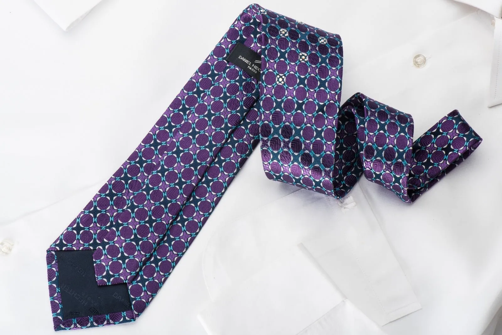 Daniel Hechter Mens Silk Necktie Purple Dots On Blue With Sparkling Rhinestones