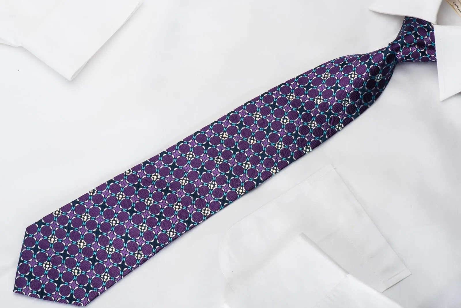 Daniel Hechter Mens Silk Necktie Purple Dots On Blue With Sparkling Rhinestones