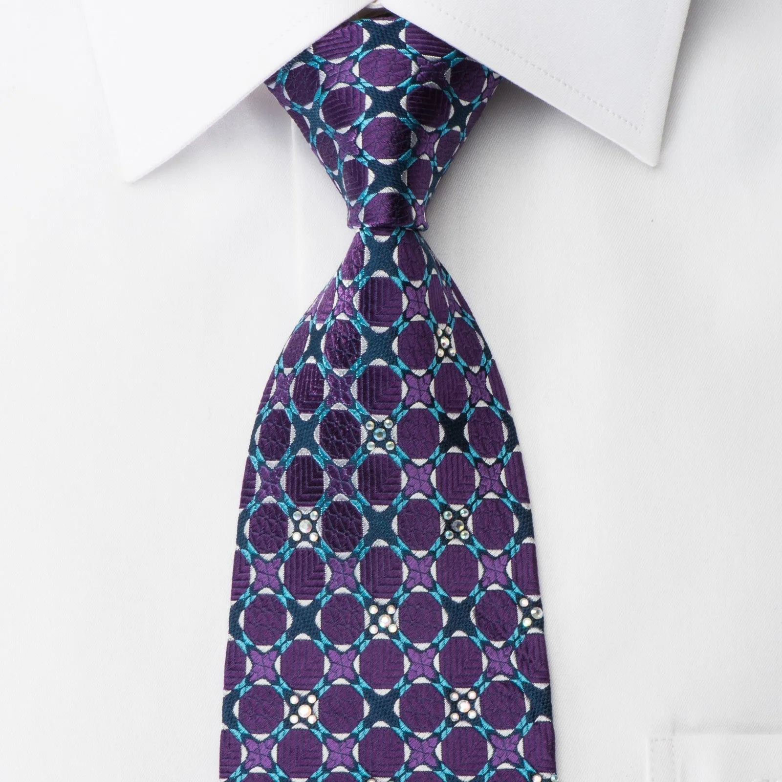 Daniel Hechter Mens Silk Necktie Purple Dots On Blue With Sparkling Rhinestones