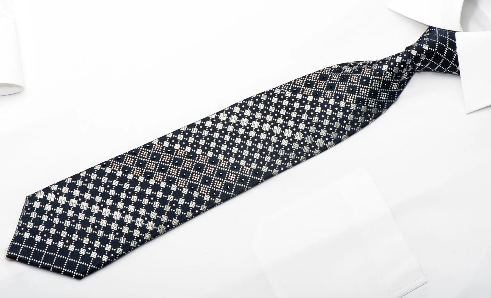 Daniel Hechter Men's Silk Necktie Silver Checkered On Navy Sparkling With Rhinestones