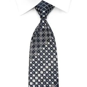 Daniel Hechter Men's Silk Necktie Silver Checkered On Navy Sparkling With Rhinestones