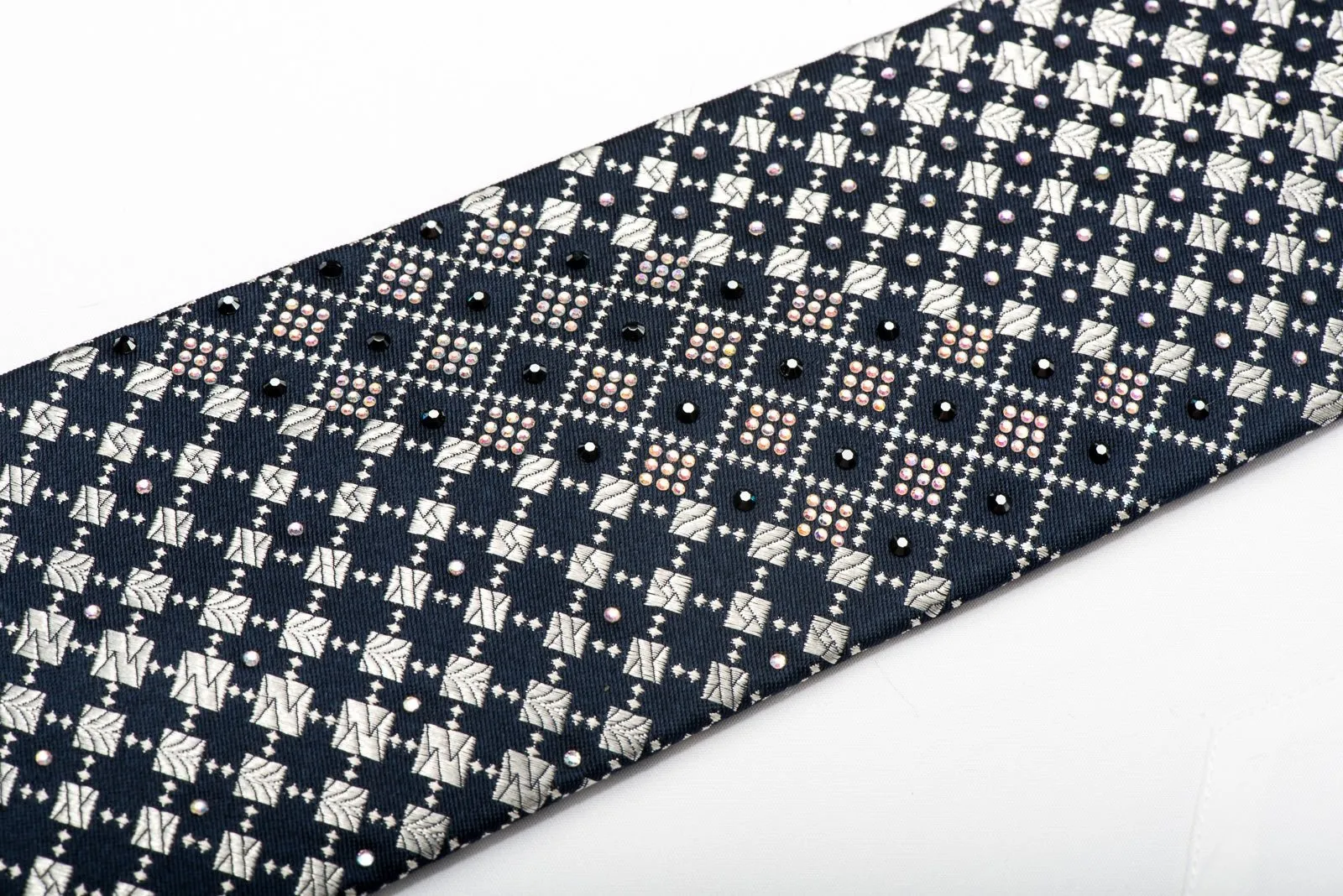 Daniel Hechter Men's Silk Necktie Silver Checkered On Navy Sparkling With Rhinestones