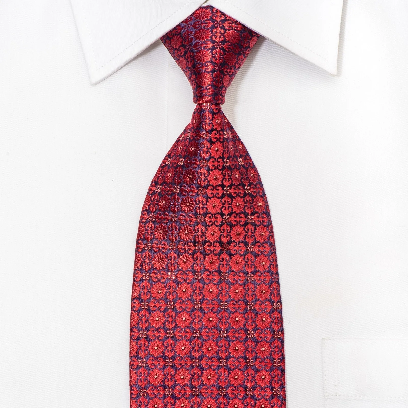 Daniel Hechter Men's Silk Tie Red Floral Cartouche On Blue Sparkling With Red Rhinestuds