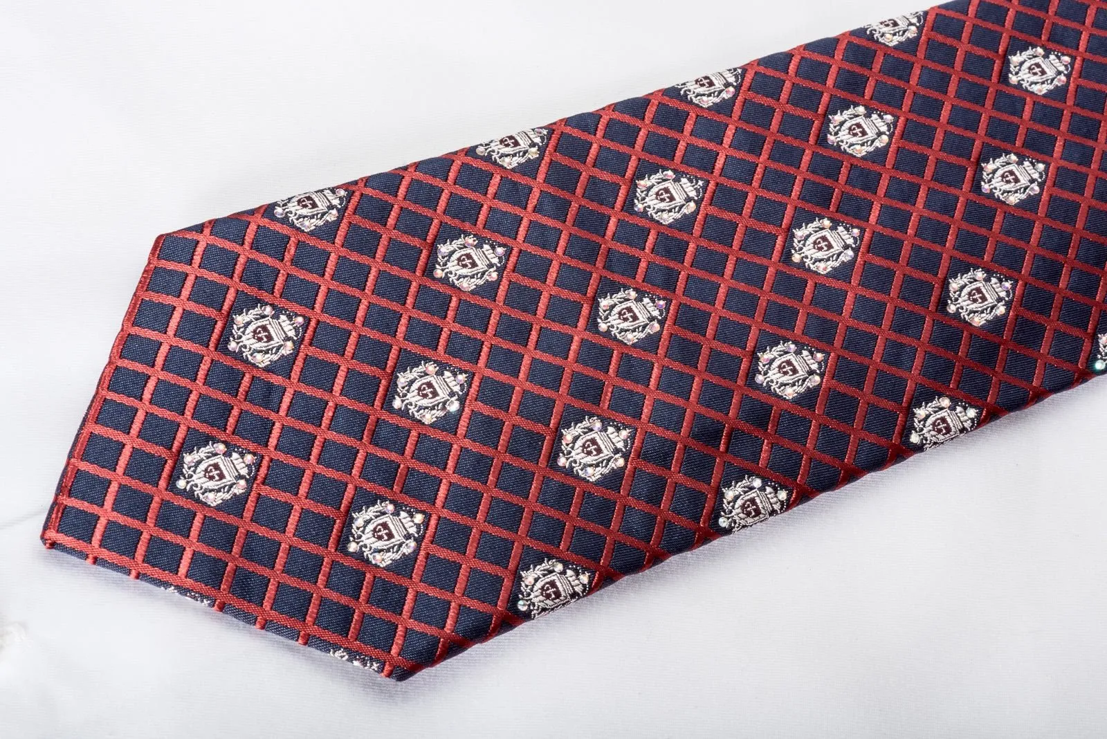 Daniel Hechter Rhinestone Necktie Red Checked On Navy With Silver Sparkles