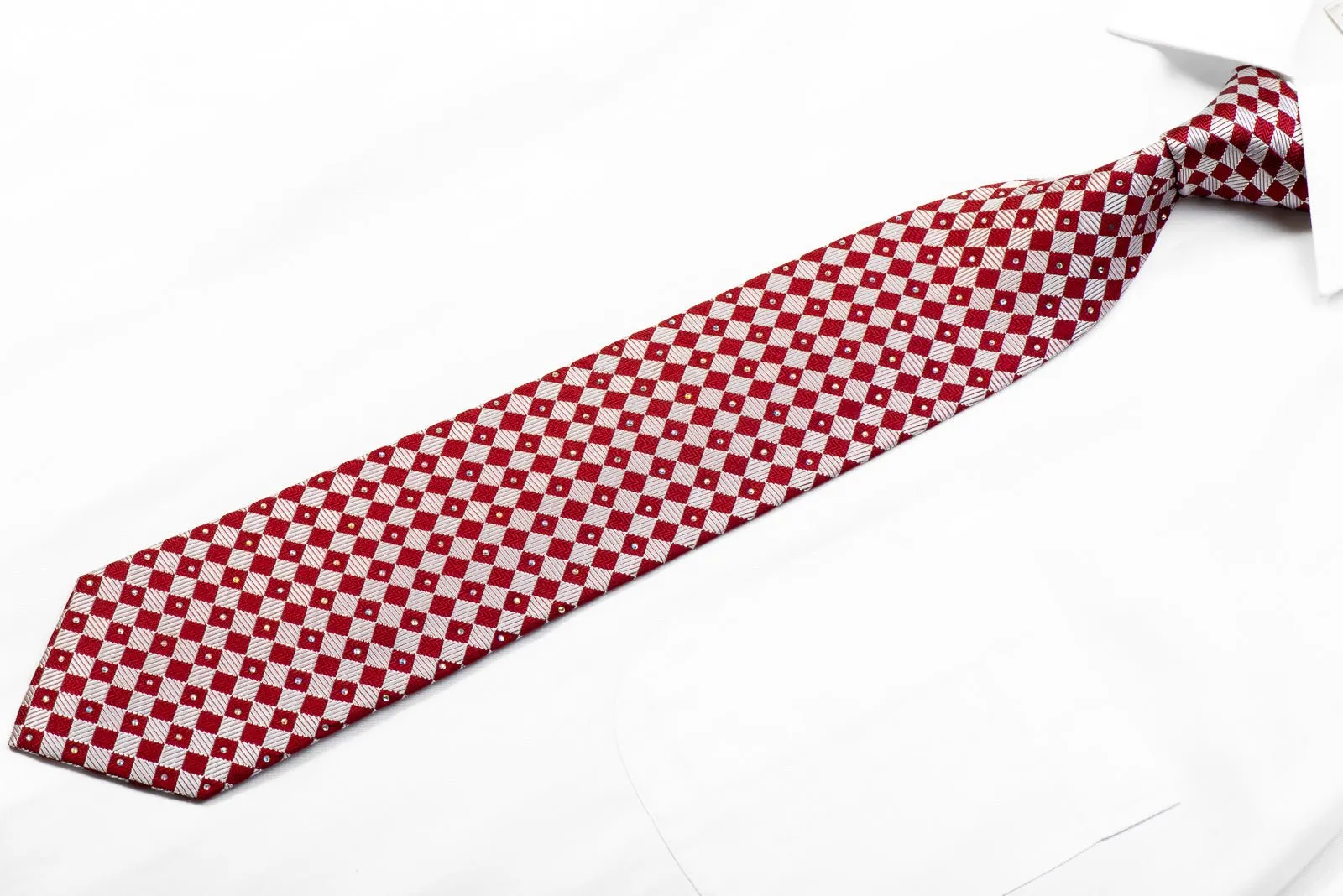 Daniel Hechter Rhinestone Silk Necktie Silver Burgundy Checkered With Sparkles