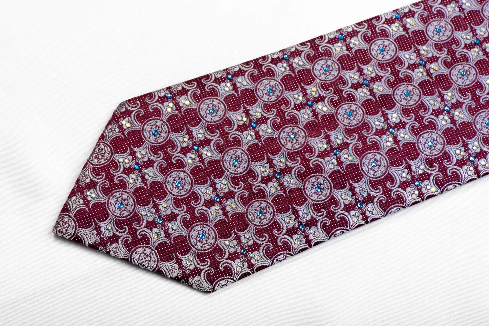 Daniel Hechter Rhinestone Silk Tie Blue Damask On Burgundy With Silver Sparkles