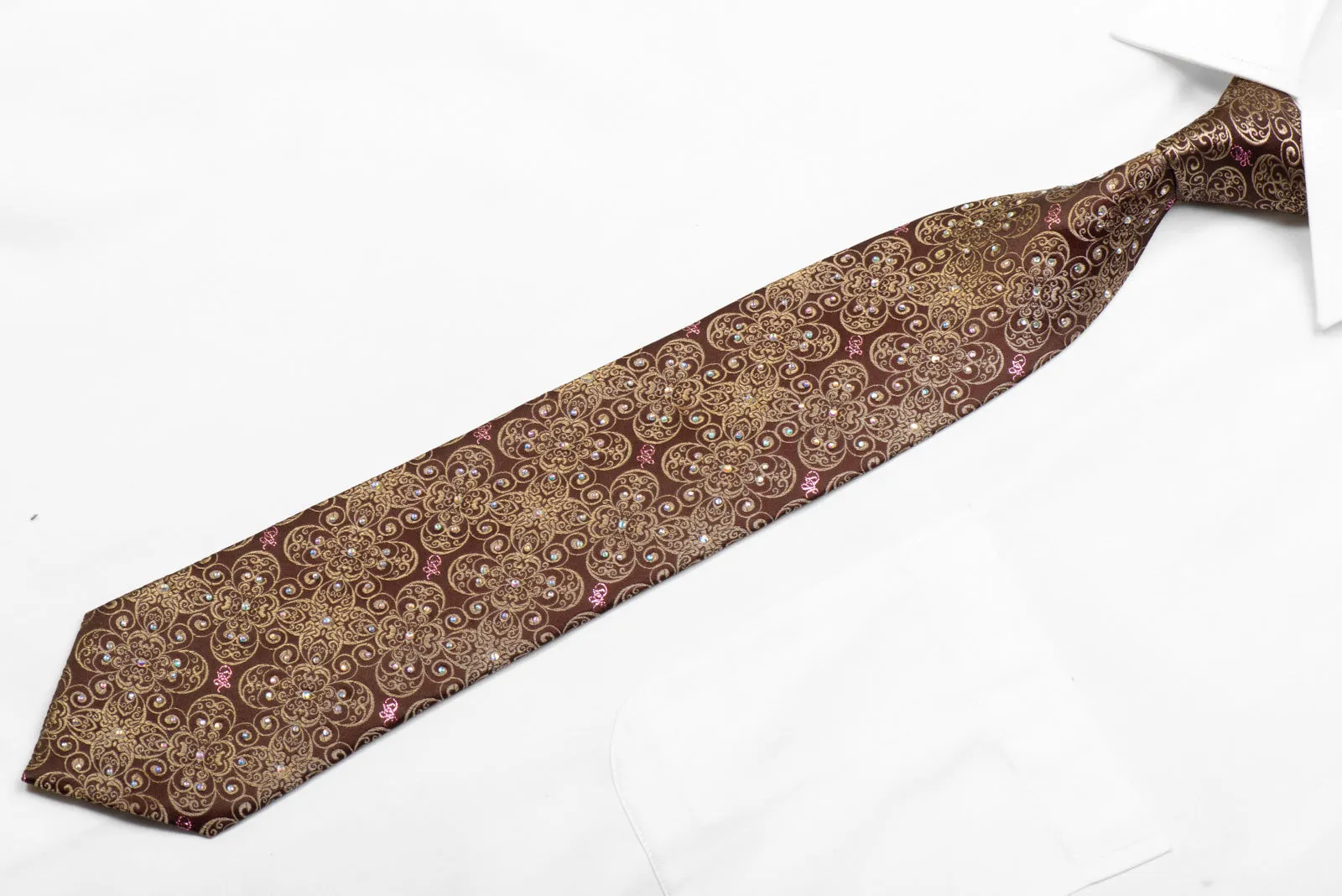 Daniel Hechter Rhinestone Silk Tie Gold Filigree On Brown