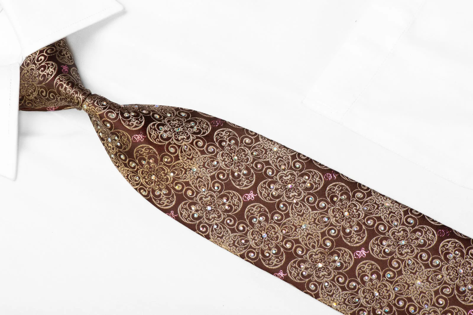 Daniel Hechter Rhinestone Silk Tie Gold Filigree On Brown