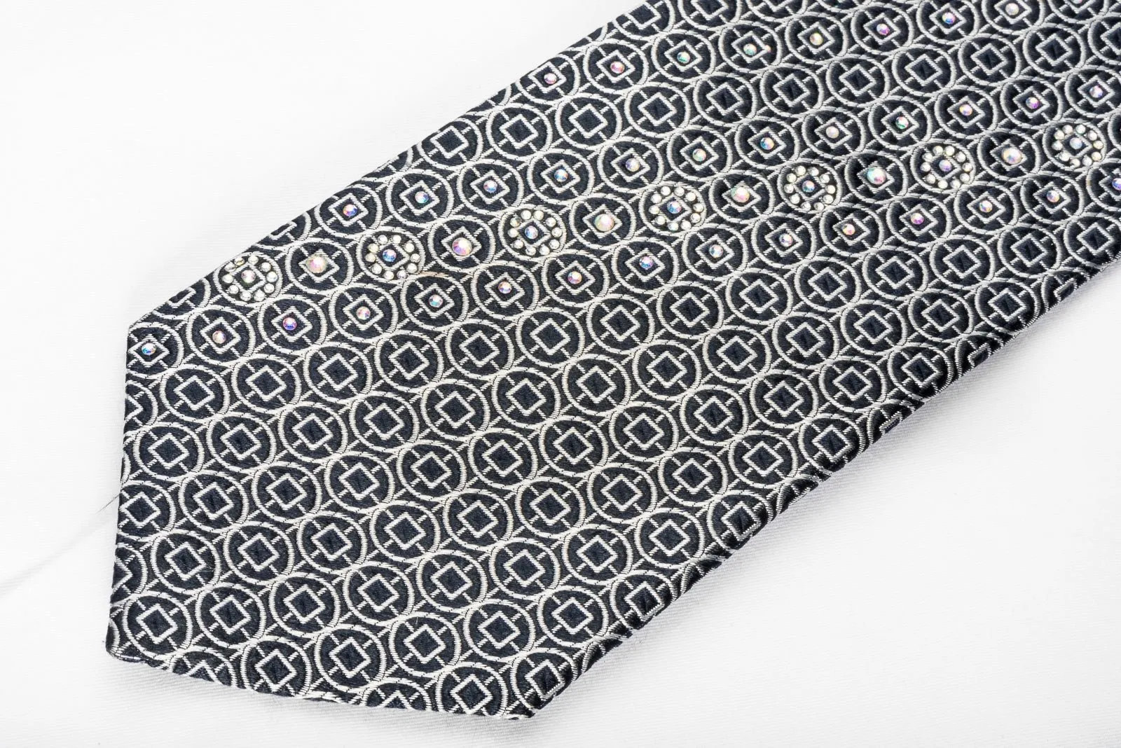 Daniel Hechter Silk Necktie Silver Trellis On Navy Blue Sparkling With Rhinestones