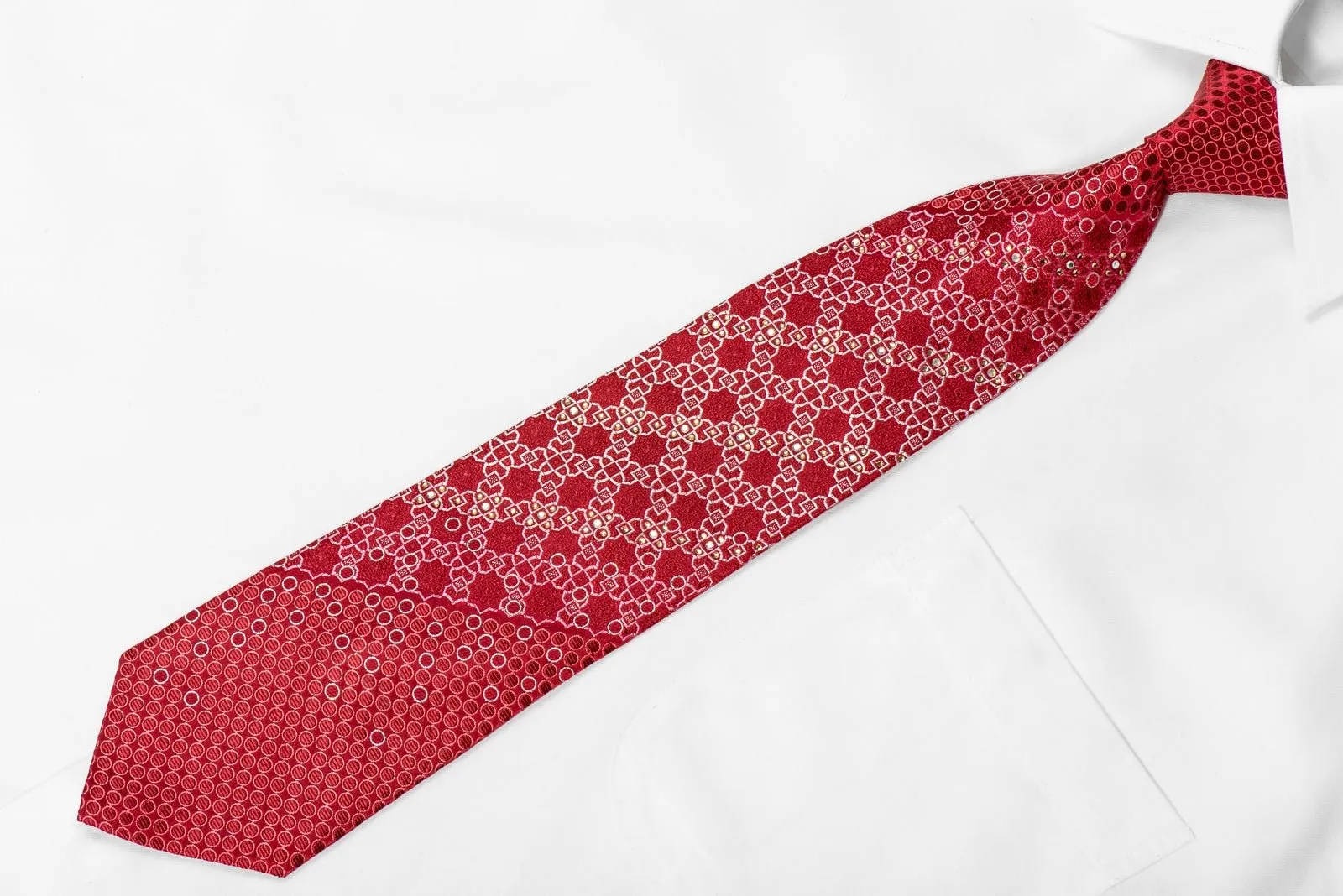 Elegance Mens Crystal Silk Necktie Geometric On Red With Silver Sparkles