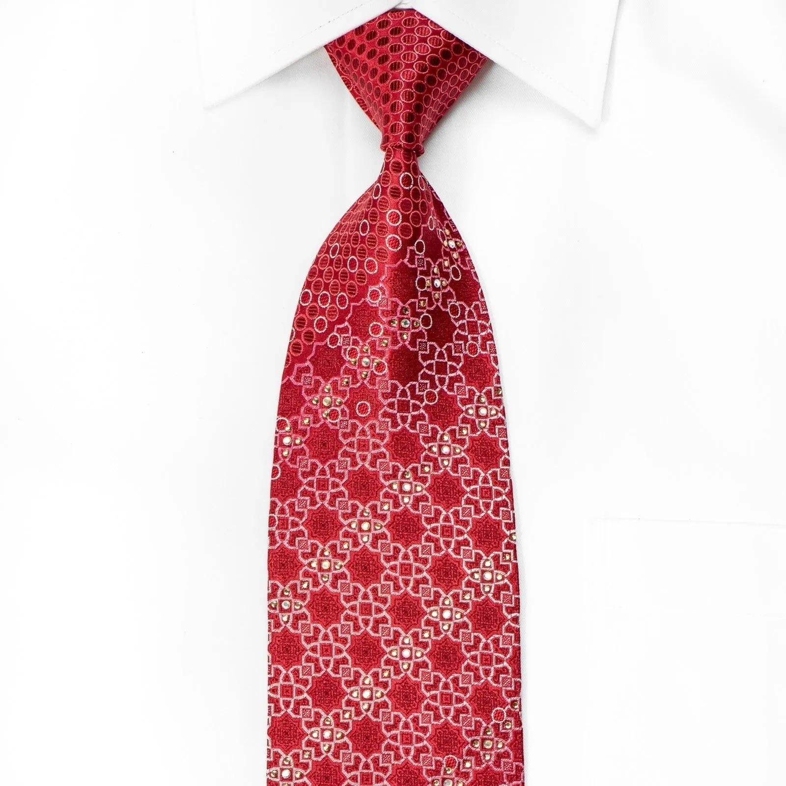 Elegance Mens Crystal Silk Necktie Geometric On Red With Silver Sparkles