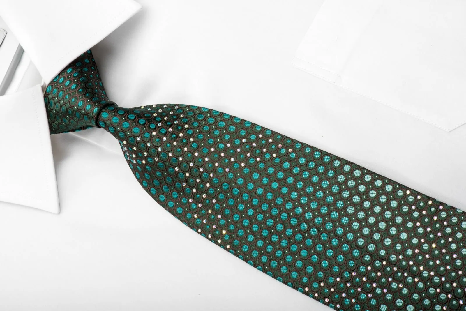 Elegance Men's Rhinestone Silk Necktie Green Dots On Brown With Silver Sparkles