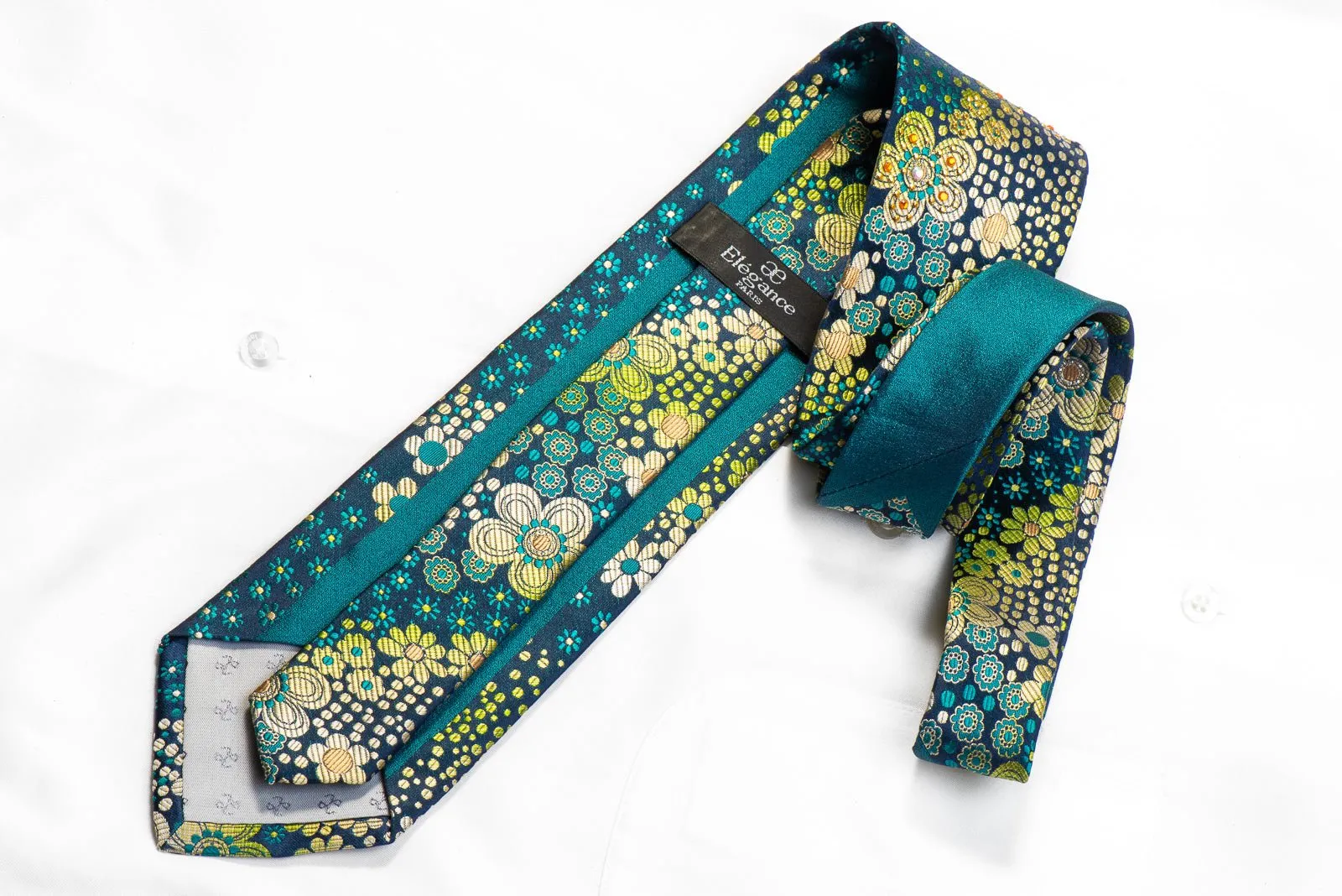 Elegance Rhinestone Silk Necktie Floral On Teal Turquoise With Gold Studs