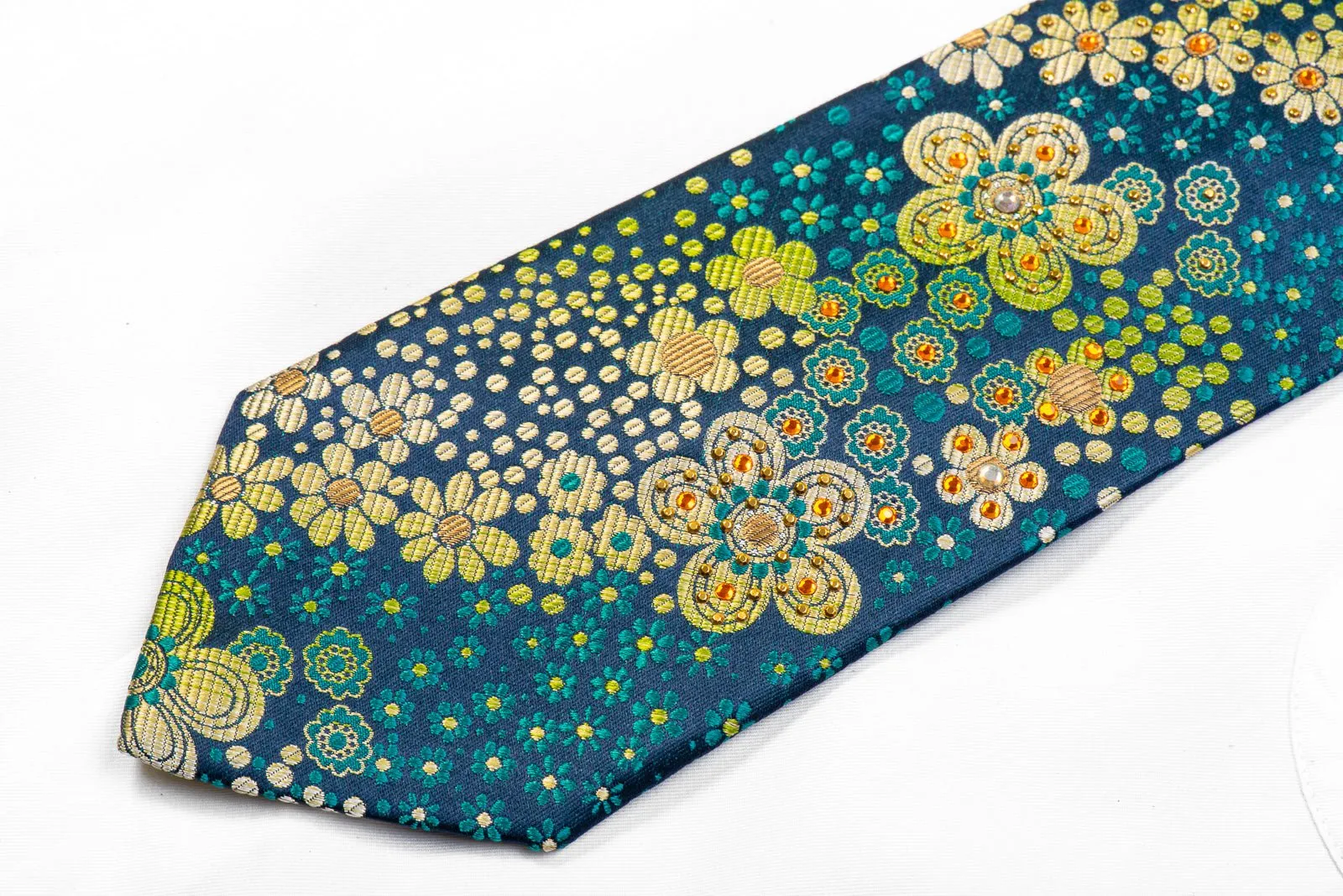 Elegance Rhinestone Silk Necktie Floral On Teal Turquoise With Gold Studs