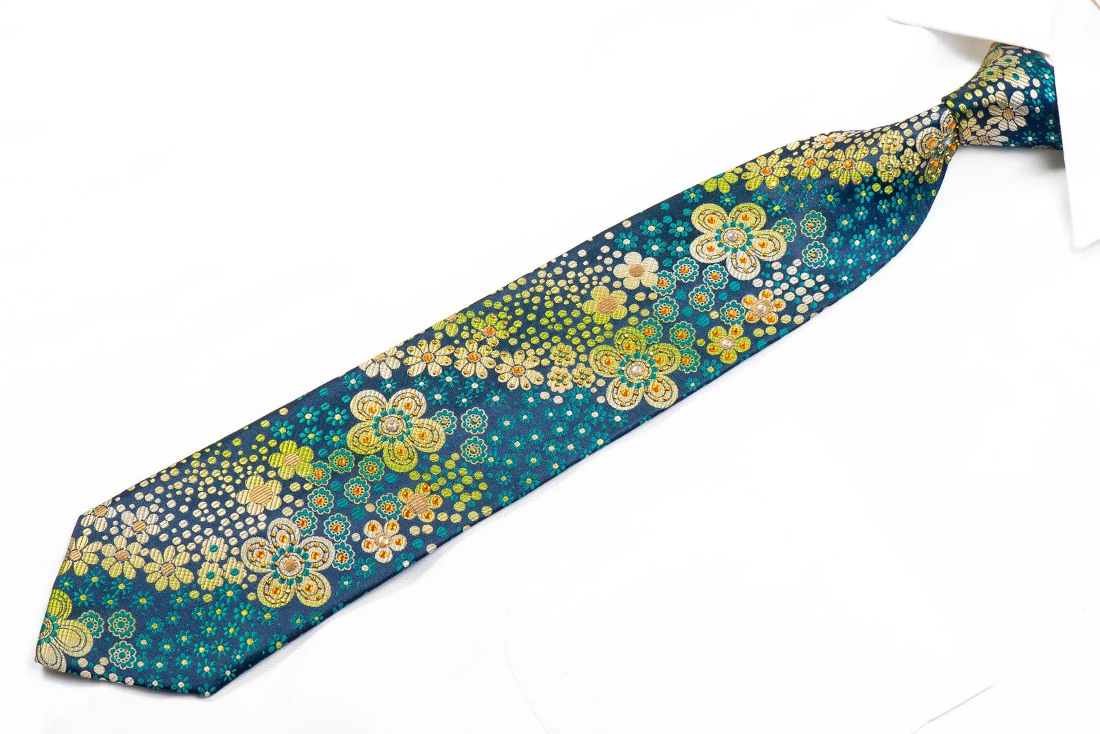 Elegance Rhinestone Silk Necktie Floral On Teal Turquoise With Gold Studs