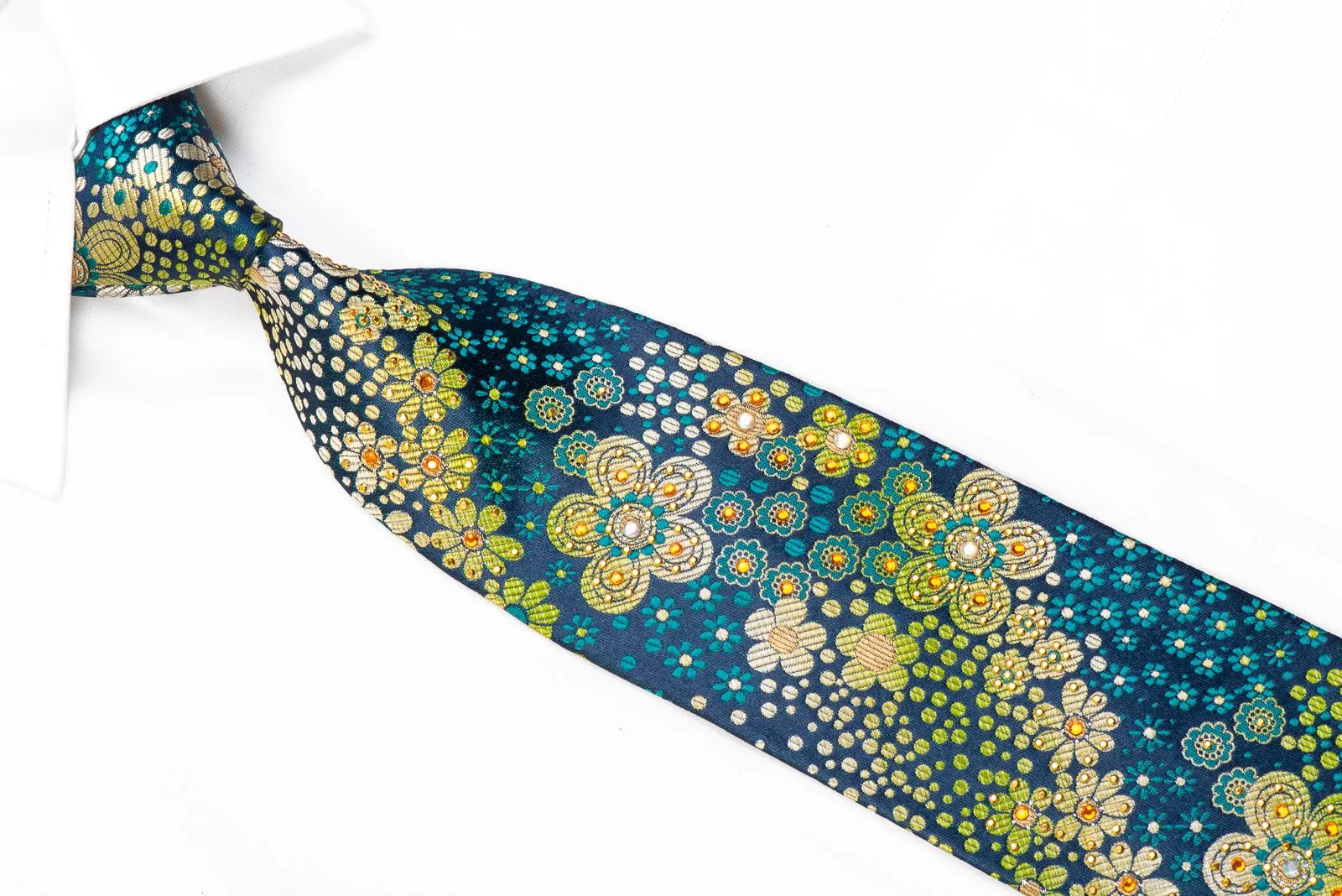 Elegance Rhinestone Silk Necktie Floral On Teal Turquoise With Gold Studs