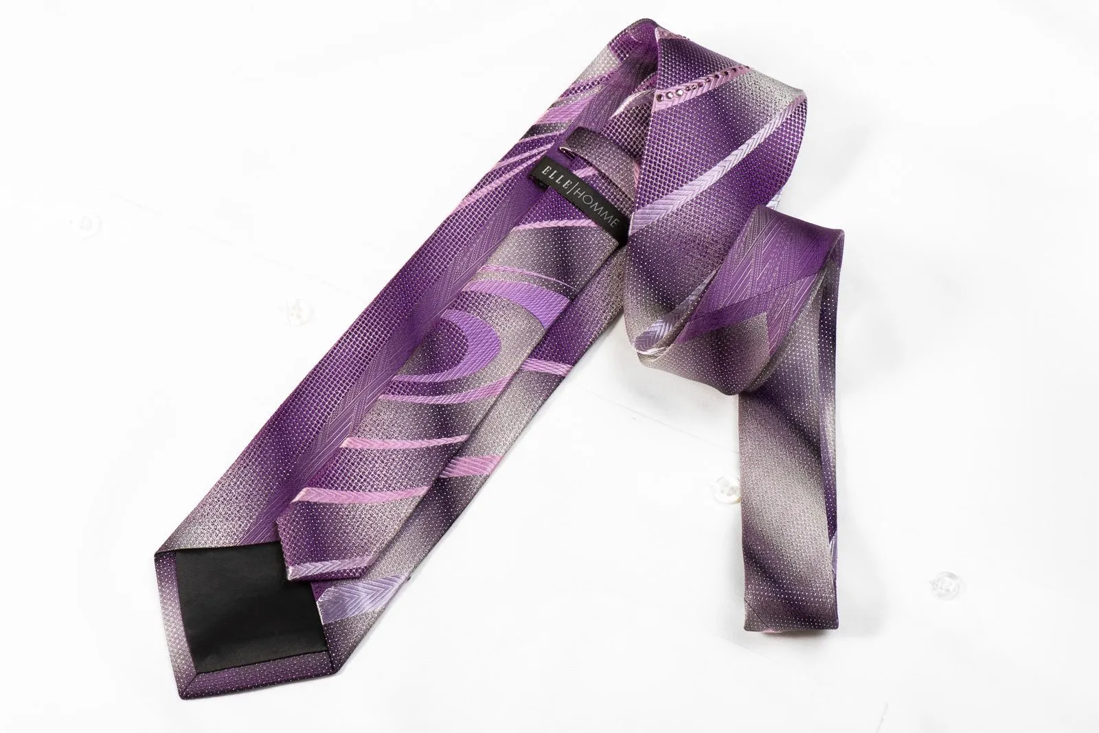 Elle Homme Men's Crystal Silk Necktie Waves On Purple Silver With Sparkles