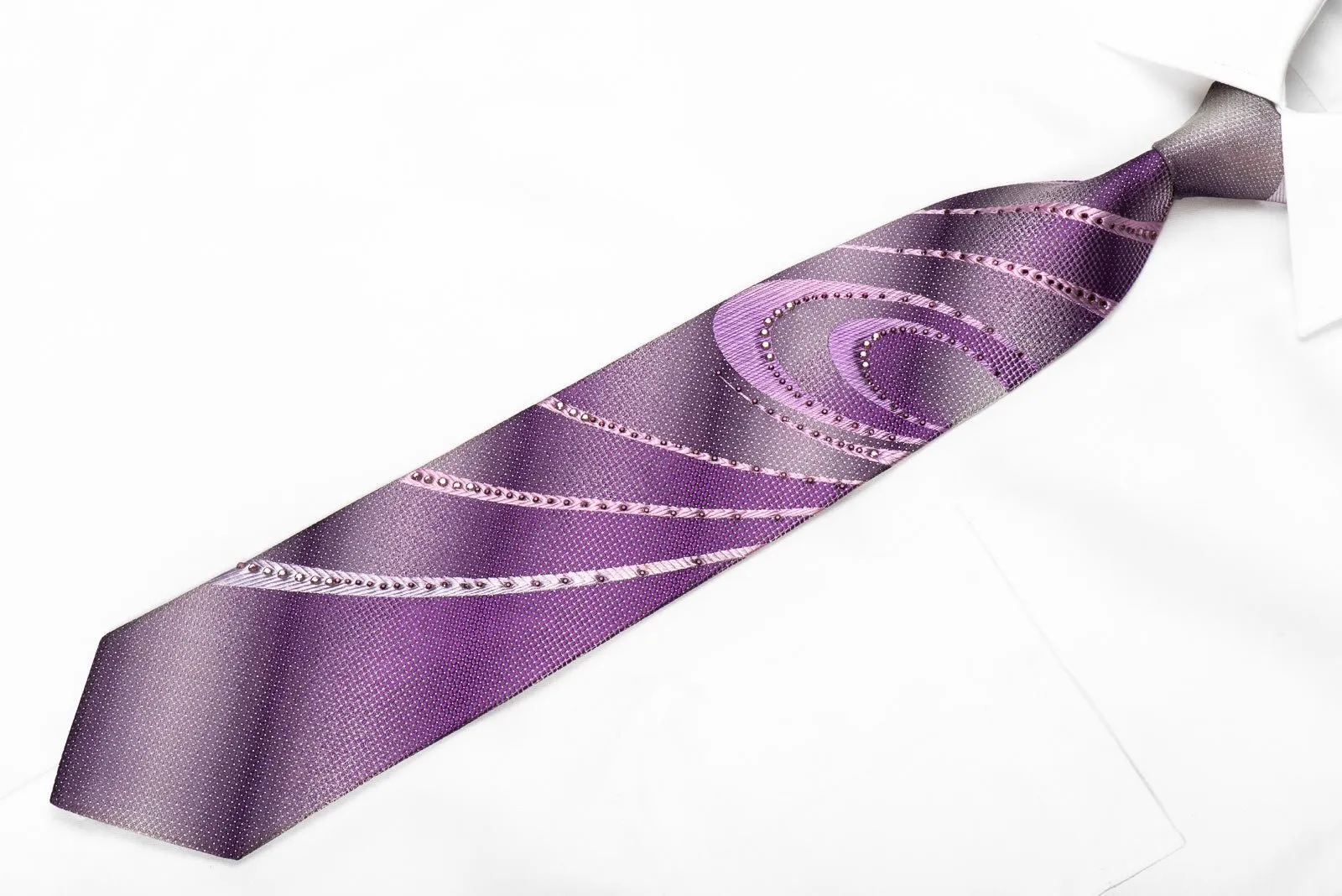 Elle Homme Men's Crystal Silk Necktie Waves On Purple Silver With Sparkles