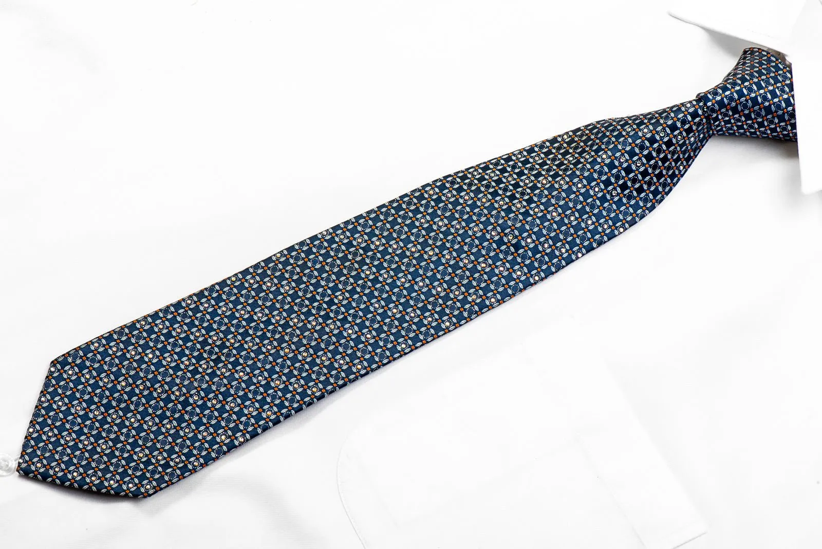 Elle Homme Rhinestone Silk Tie Trellis On Blue With Silver Sparkles