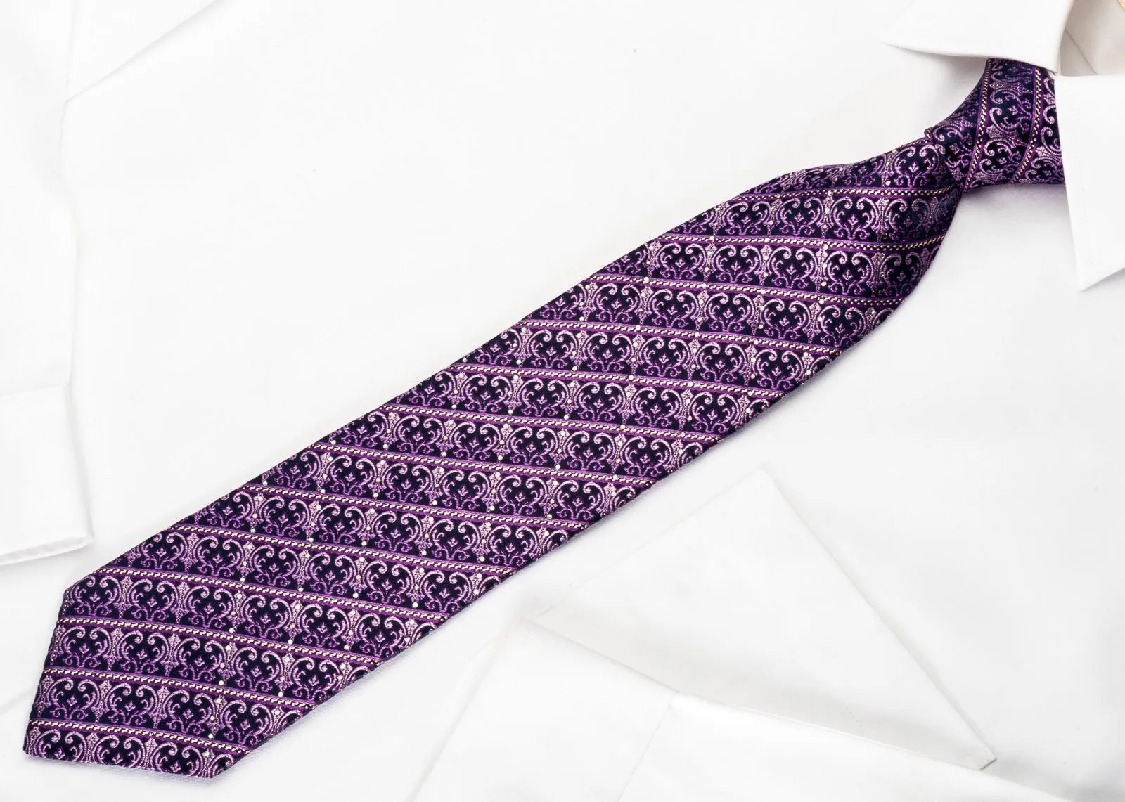 Elle Homme Silk Rhinestone Necktie Purple Striped Flur de Lis Motif With Silver Sparkles