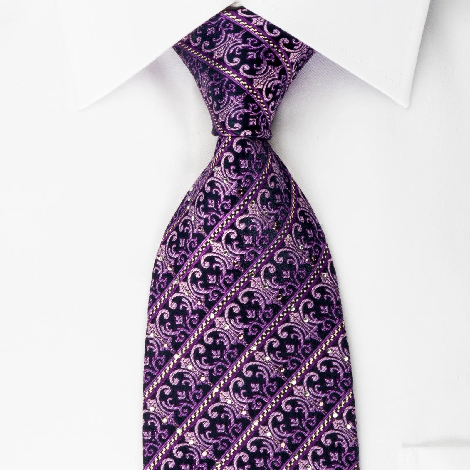 Elle Homme Silk Rhinestone Necktie Purple Striped Flur de Lis Motif With Silver Sparkles