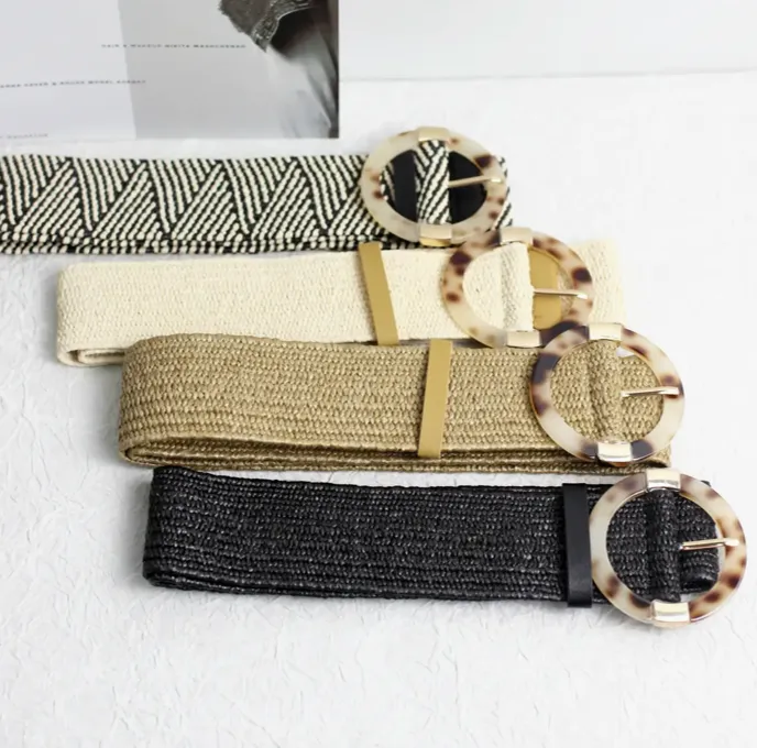 Esley Belt Straw Woven W/Round Resin Buckle and Gold Accent