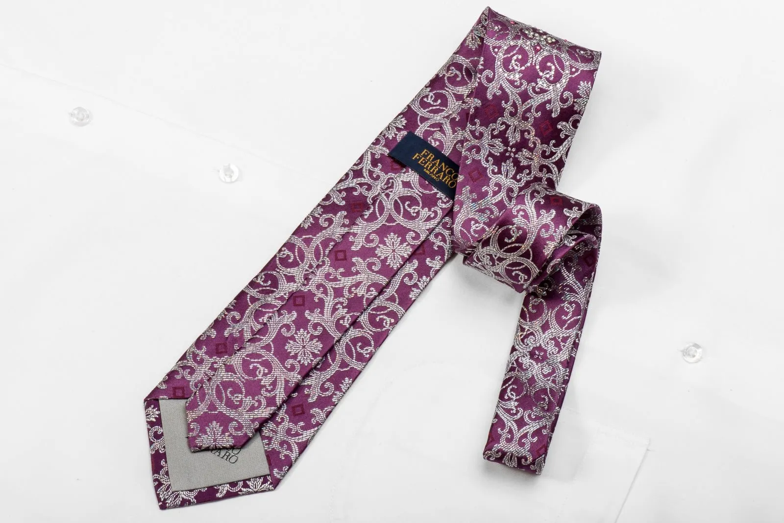 Franco Ferraro Men's Crystal Silk Tie Silver Damask On Purple With Silver Sparkles