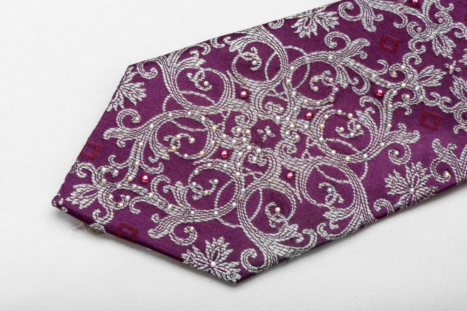 Franco Ferraro Men's Crystal Silk Tie Silver Damask On Purple With Silver Sparkles