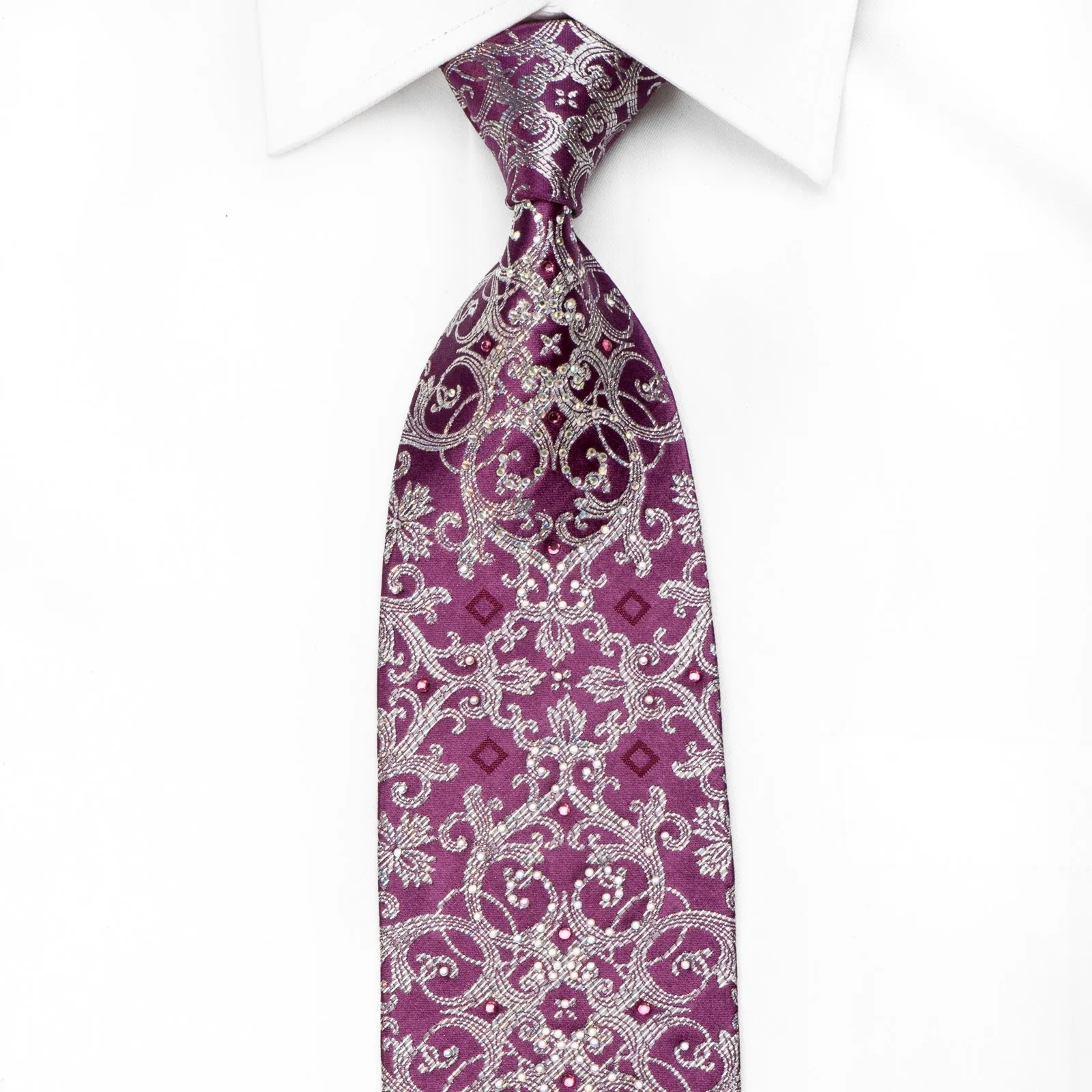 Franco Ferraro Men's Crystal Silk Tie Silver Damask On Purple With Silver Sparkles