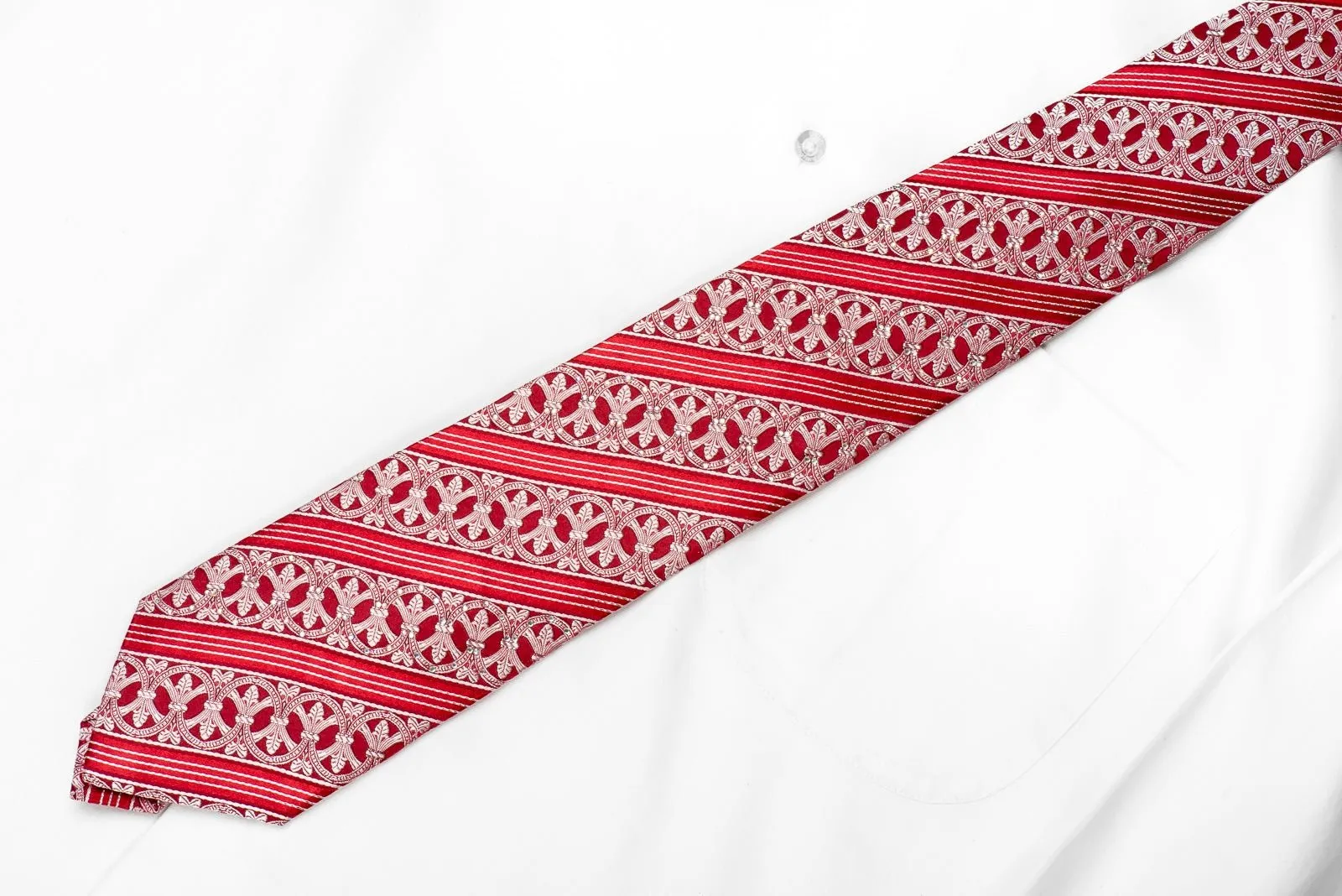 Franco Ferraro Men's Crystal Silk Tie Silver Striped Cartouche On Red With Silver Sparkles