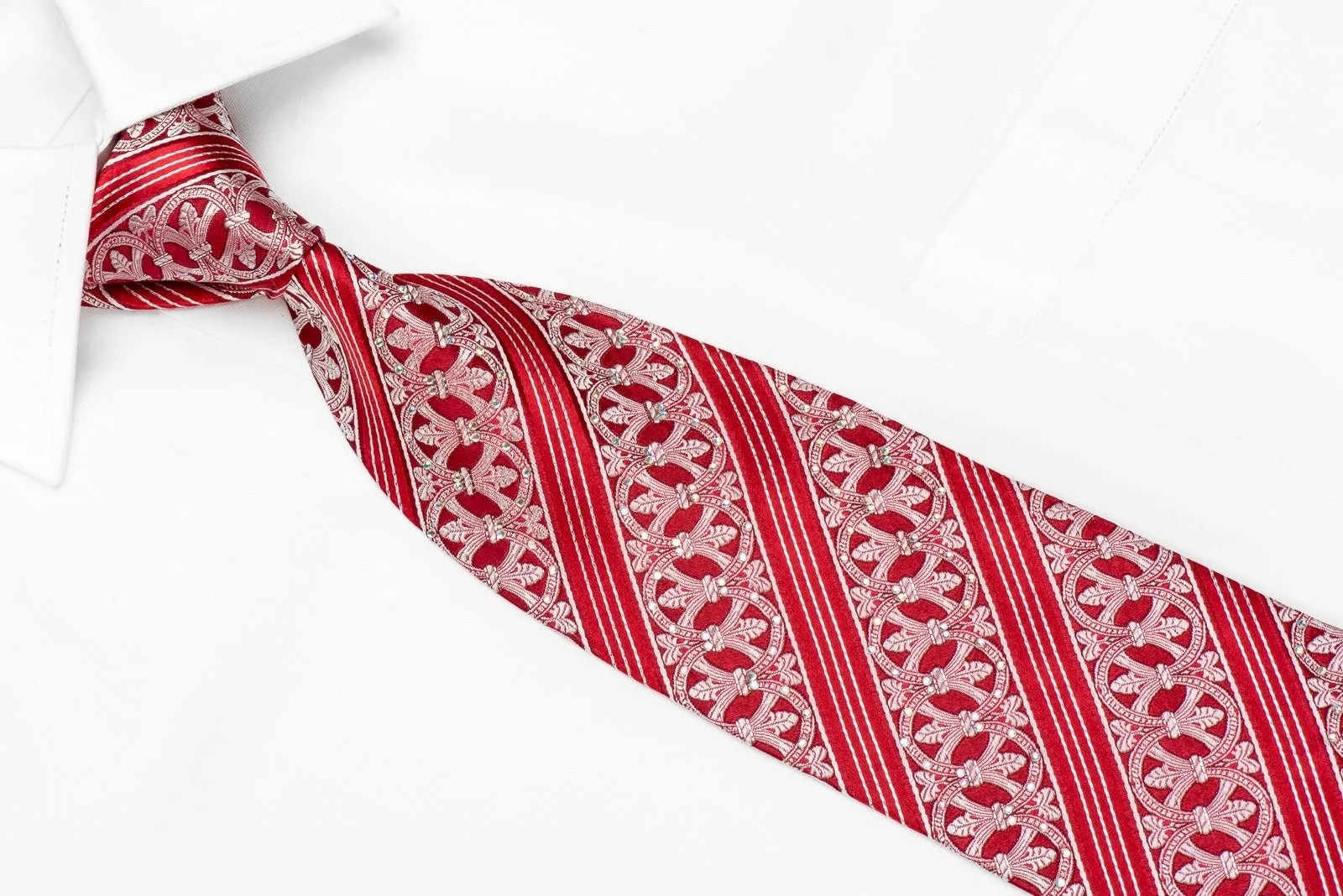 Franco Ferraro Men's Crystal Silk Tie Silver Striped Cartouche On Red With Silver Sparkles