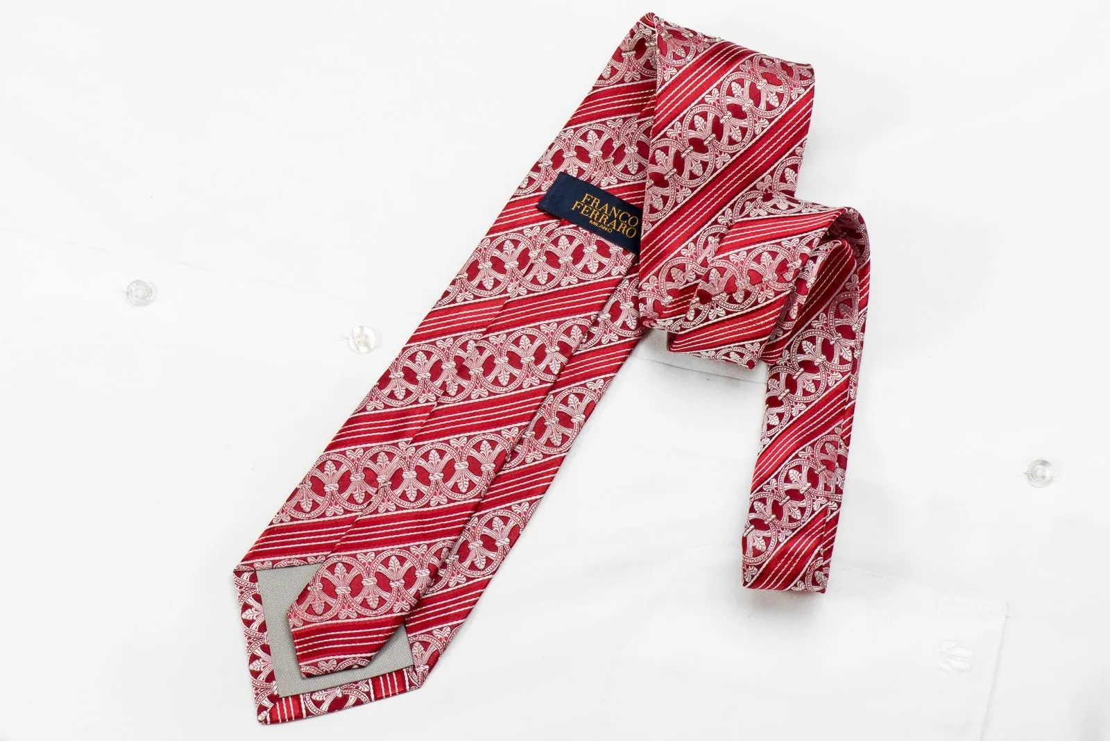 Franco Ferraro Men's Crystal Silk Tie Silver Striped Cartouche On Red With Silver Sparkles