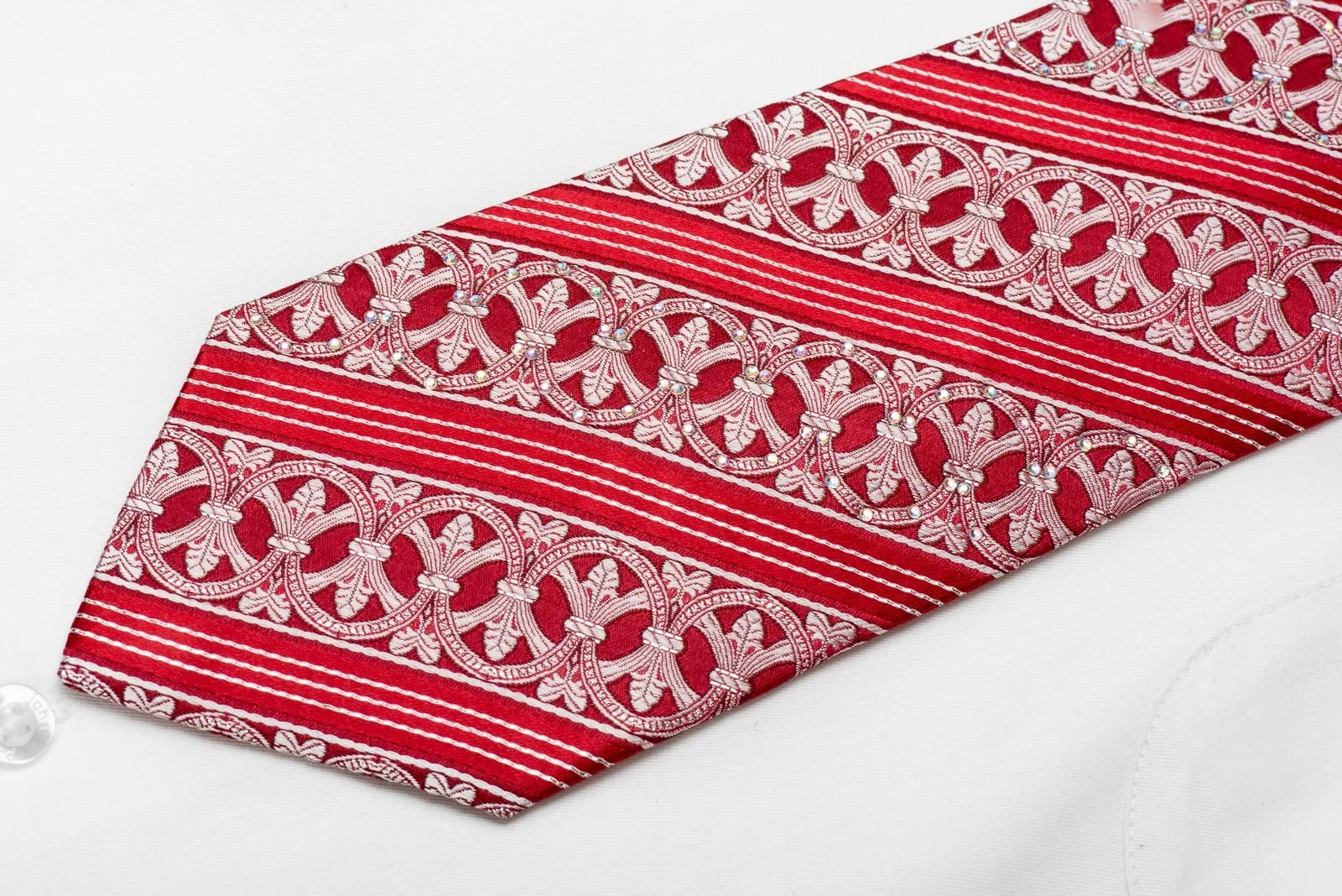 Franco Ferraro Men's Crystal Silk Tie Silver Striped Cartouche On Red With Silver Sparkles