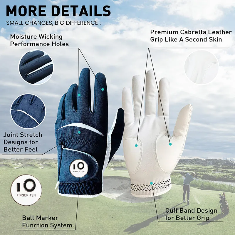 Golf Gloves Men Colourful Leather with Ball Marker 2 Pack